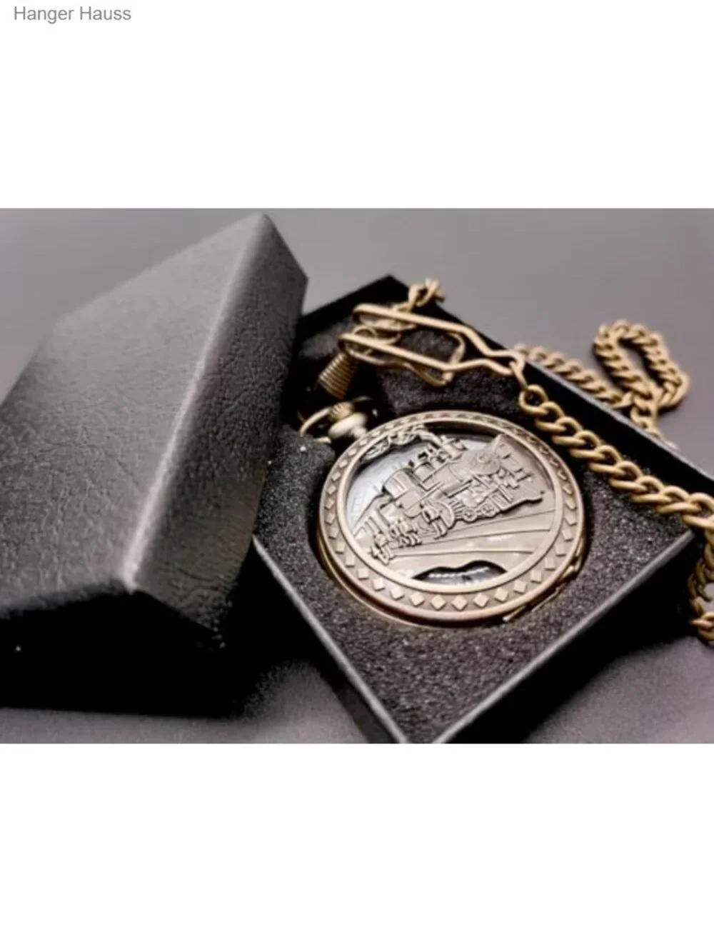Vintage Bronze Steam Train Mens Quartz Pocket Watch with Chain